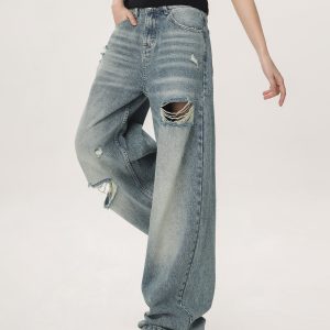Vintage High Street Distressed Ripped Jeans for Women - Casual Wide-Leg Straight Loose Pants, Y2K Inspired Fashion