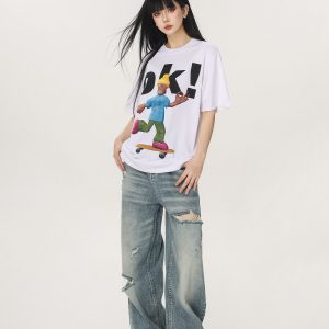 Vintage High Street Distressed Ripped Jeans for Women - Casual Wide-Leg Straight Loose Pants, Y2K Inspired Fashion