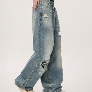 Vintage High Street Distressed Ripped Jeans for Women - Casual Wide-Leg Straight Loose Pants, Y2K Inspired Fashion