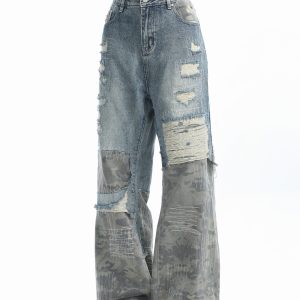 Vintage High Street Wide-Leg Ripped Camouflage Jeans for Women - Heavy-Duty Patchwork Floor-Length Pants, 90s Inspired Fashion