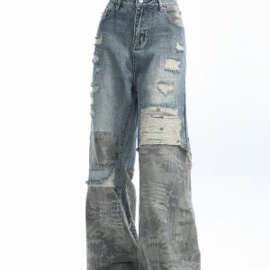 Vintage High Street Wide-Leg Ripped Camouflage Jeans for Women - Heavy-Duty Patchwork Floor-Length Pants, 90s Inspired Fashion