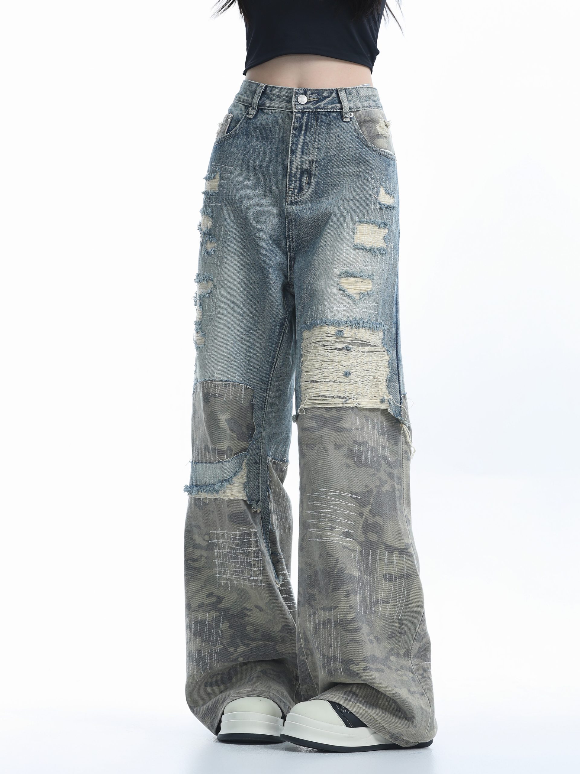 Vintage High Street Wide-Leg Ripped Camouflage Jeans for Women - Heavy-Duty Patchwork Floor-Length Pants, 90s Inspired Fashion Vintage High Street Wide-Leg Ripped Camouflage Jeans for Women - Heavy-Duty Patchwork Floor-Length Pants, 90s Inspired Fashion