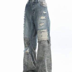 Vintage High Street Wide-Leg Ripped Camouflage Jeans for Women - Heavy-Duty Patchwork Floor-Length Pants, 90s Inspired Fashion