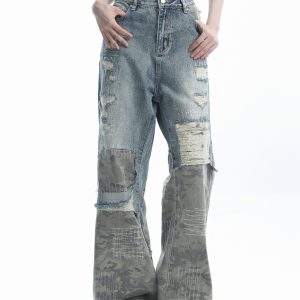 Vintage High Street Wide-Leg Ripped Camouflage Jeans for Women - Heavy-Duty Patchwork Floor-Length Pants, 90s Inspired Fashion