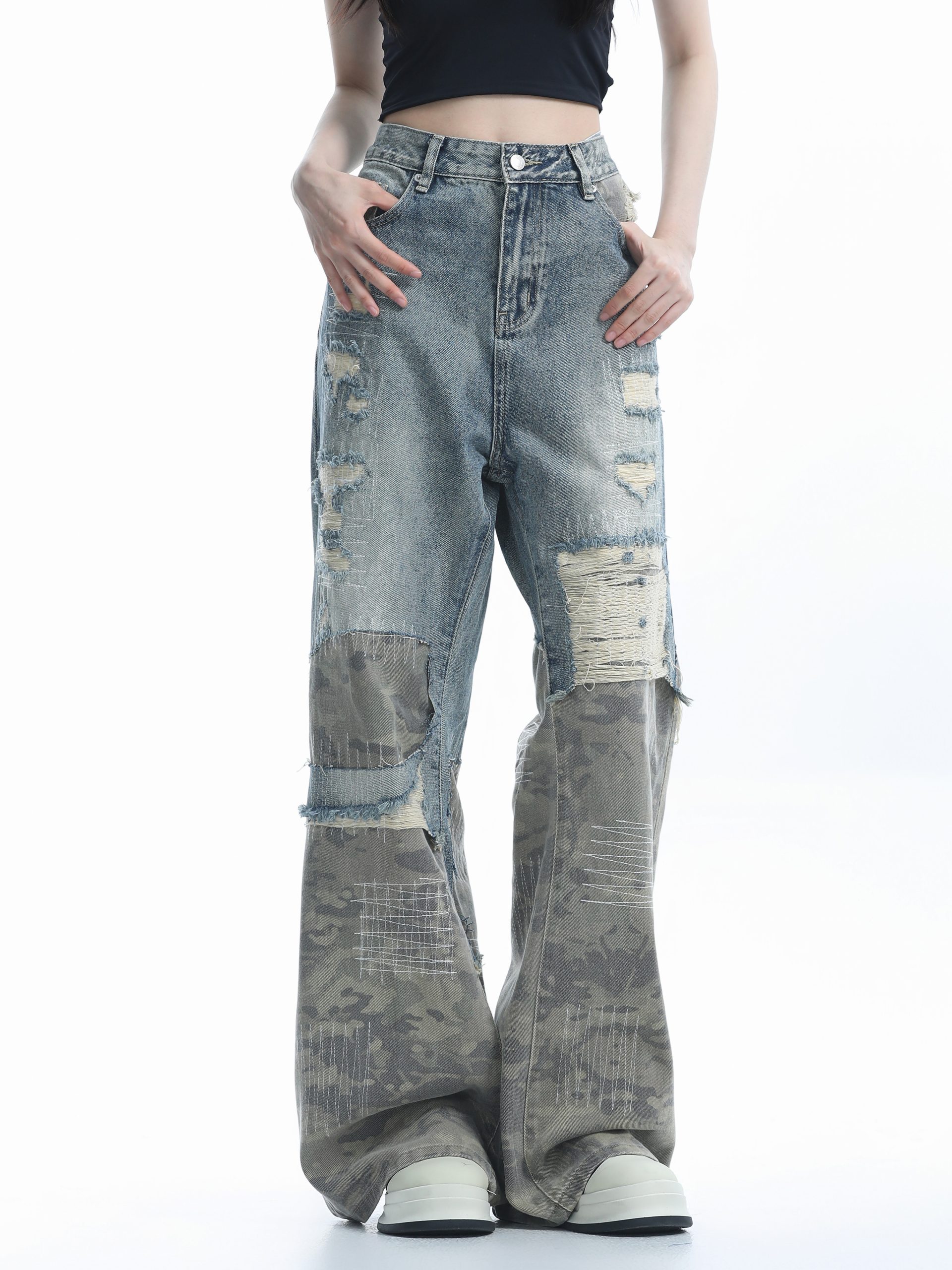 Vintage High Street Wide-Leg Ripped Camouflage Jeans for Women - Heavy-Duty Patchwork Floor-Length Pants, 90s Inspired Fashion Vintage High Street Wide-Leg Ripped Camouflage Jeans for Women - Heavy-Duty Patchwork Floor-Length Pants, 90s Inspired Fashion