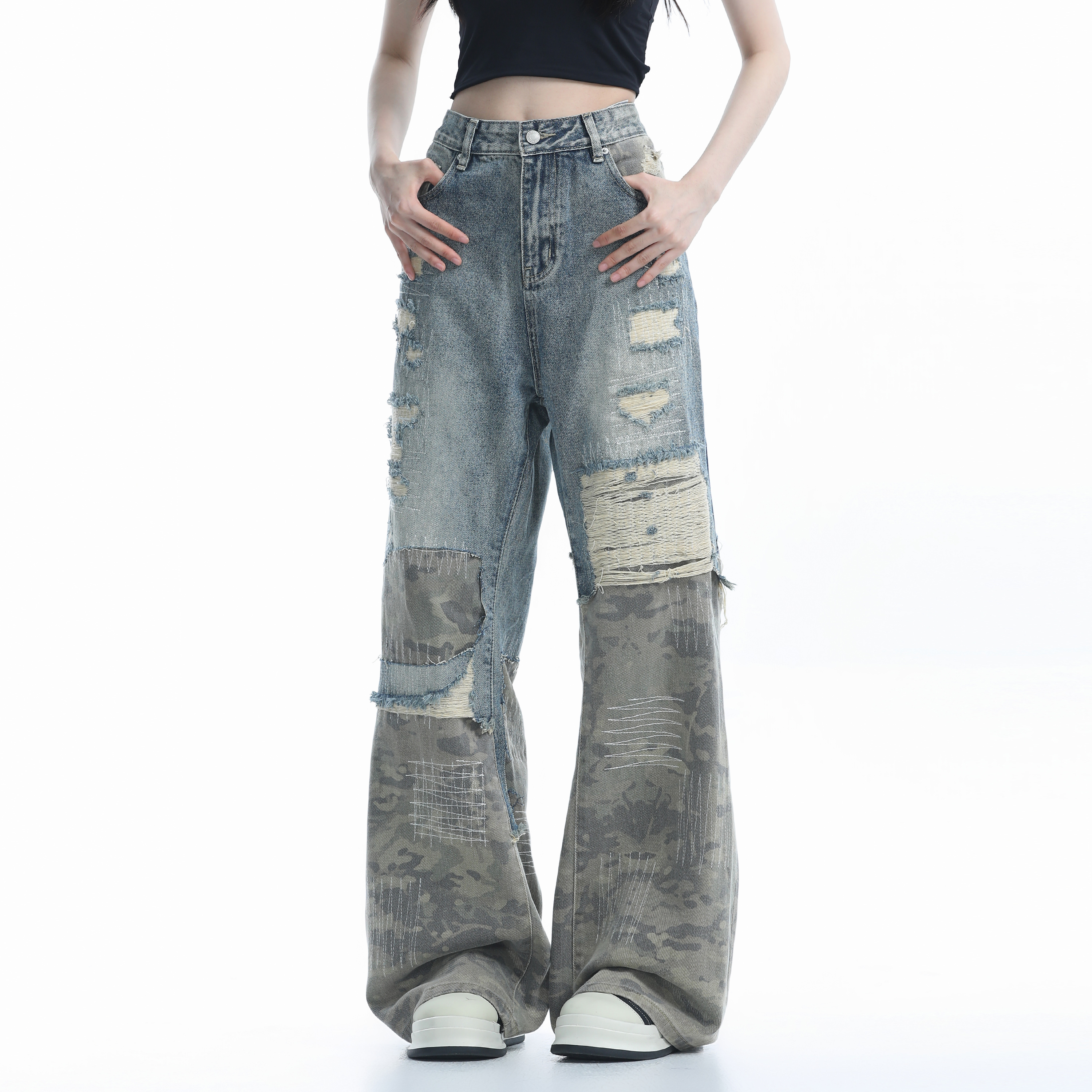 Vintage High Street Wide-Leg Ripped Camouflage Jeans for Women - Heavy-Duty Patchwork Floor-Length Pants, 90s Inspired Fashion