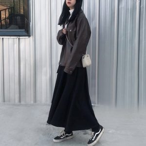 Vintage High-Waisted Black Flared Skirt for Women, Ankle-Length Slimming Design, Perfect for Spring and Summer 2025