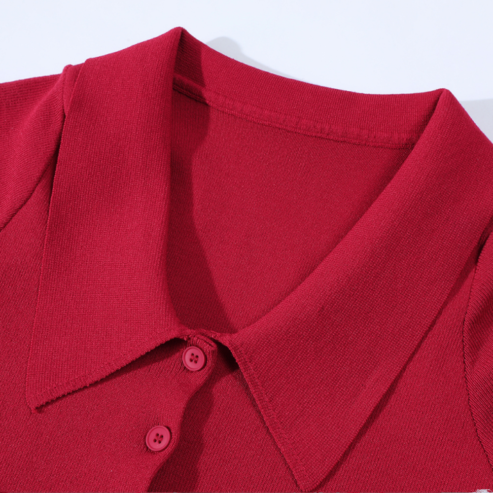 Vintage Hong Kong Style Red Knitted Short Sleeve Polo Shirt for Women - Summer Flutter Sleeve Top, Age-Reducing Fashion Vintage Hong Kong Style Red Knitted Short Sleeve Polo Shirt for Women - Summer Flutter Sleeve Top, Age-Reducing Fashion