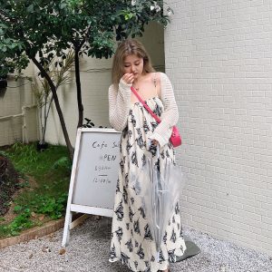 Vintage Ink Print Camisole Dress - High-Waisted Mid-Length Elegant Style - Gentle Temperament Fashion