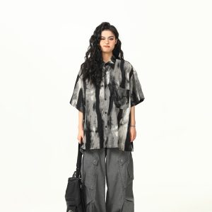 Vintage Ink Wash Tie-Dye Short Sleeve Shirt for Men and Women - Trendy Summer Streetwear, 90s Style Personality Tee