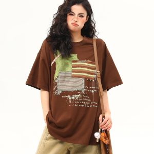 Vintage-Inspired American Patch Design Short Sleeve T-Shirt for Women - Trendy Summer Versatile Top