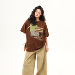 Vintage-Inspired American Patch Design Short Sleeve T-Shirt for Women - Trendy Summer Versatile Top