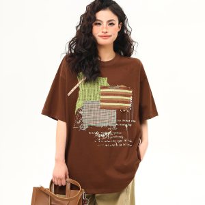Vintage-Inspired American Patch Design Short Sleeve T-Shirt for Women - Trendy Summer Versatile Top