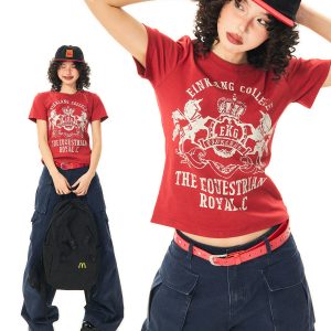 Vintage-Inspired American Printed Short Sleeve T-Shirt for Women - Summer Slim Fit Casual Top