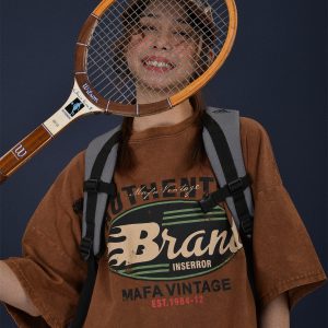 Vintage-Inspired Distressed Letter Print Short Sleeve T-Shirt for Women - Loose-Fit Summer Casual Top