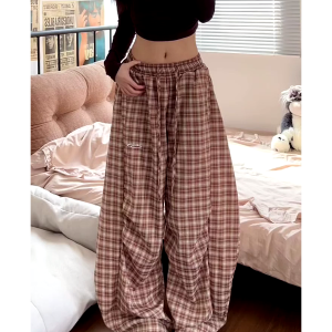 Vintage-Inspired Elastic Waist Plaid Work Pants for Women - Casual Wide-Leg Drawstring Drape Curved Knife Design