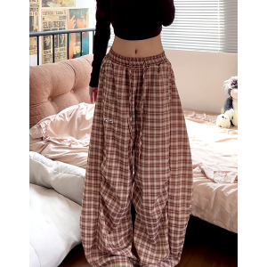 Vintage-Inspired Elastic Waist Plaid Work Pants for Women - Casual Wide-Leg Drawstring Drape Curved Knife Design