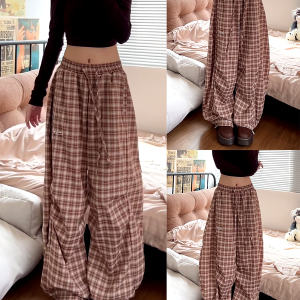 Vintage-Inspired Elastic Waist Plaid Work Pants for Women - Casual Wide-Leg Drawstring Drape Curved Knife Design