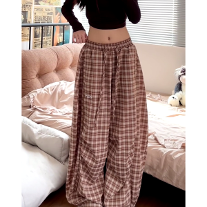 Vintage-Inspired Elastic Waist Plaid Work Pants for Women - Casual Wide-Leg Drawstring Drape Curved Knife Design
