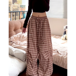 Vintage-Inspired Elastic Waist Plaid Work Pants for Women - Casual Wide-Leg Drawstring Drape Curved Knife Design