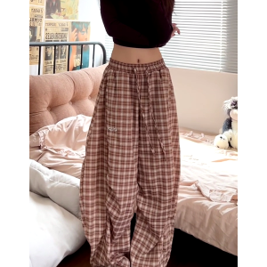 Vintage-Inspired Elastic Waist Plaid Work Pants for Women - Casual Wide-Leg Drawstring Drape Curved Knife Design