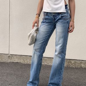 Vintage-Inspired Embroidered Wide-Waist Lycra Flared Jeans for Women - 90s Y2K Style