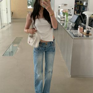 Vintage-Inspired Embroidered Wide-Waist Lycra Flared Jeans for Women - 90s Y2K Style