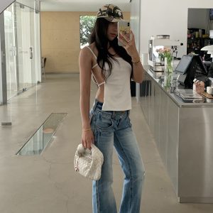 Vintage-Inspired Embroidered Wide-Waist Lycra Flared Jeans for Women - 90s Y2K Style