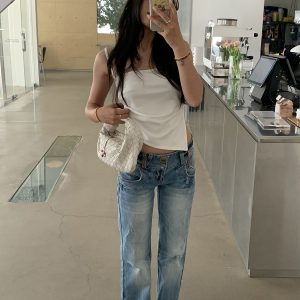 Vintage-Inspired Embroidered Wide-Waist Lycra Flared Jeans for Women - 90s Y2K Style