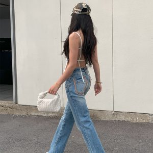 Vintage-Inspired Embroidered Wide-Waist Lycra Flared Jeans for Women - 90s Y2K Style