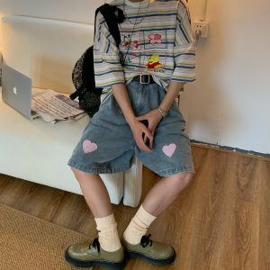 Vintage-Inspired Heartfelt Cowboy Five-Point Shorts - Chic Wide-Leg Elastic Pants in Washed Hong Kong Style for Couples