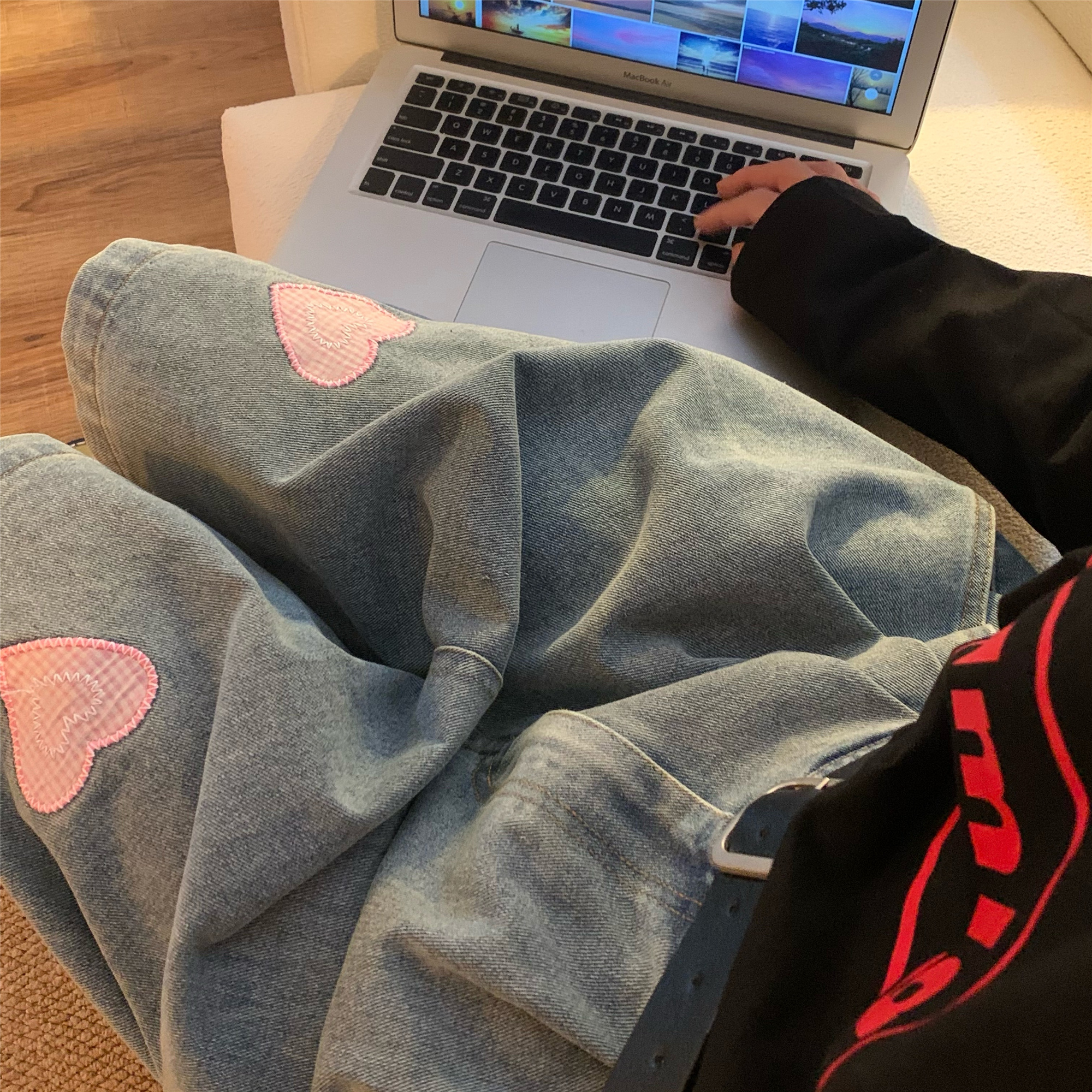 Vintage-Inspired Heartfelt Cowboy Five-Point Shorts - Chic Wide-Leg Elastic Pants in Washed Hong Kong Style for Couples