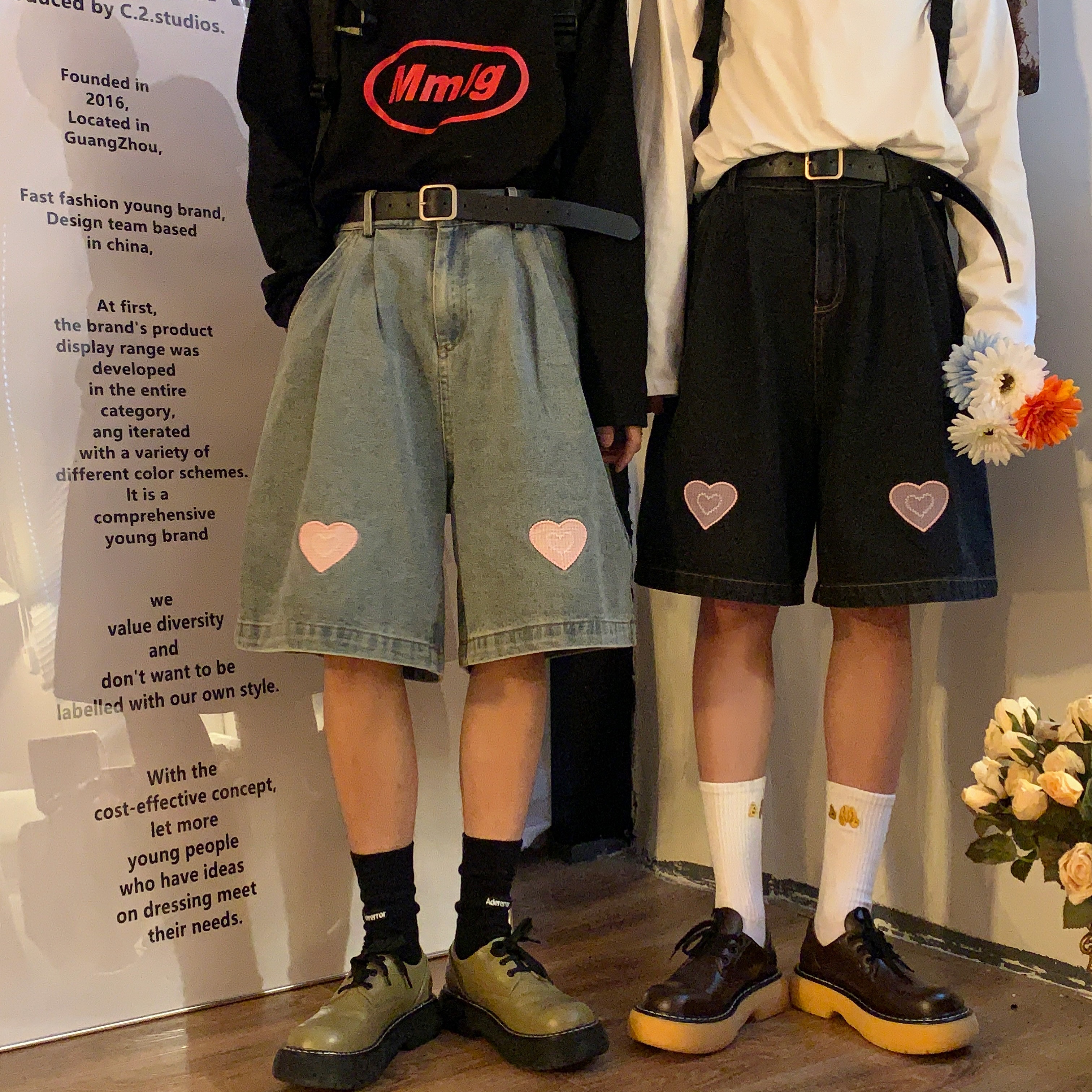 Vintage-Inspired Heartfelt Cowboy Five-Point Shorts - Chic Wide-Leg Elastic Pants in Washed Hong Kong Style for Couples