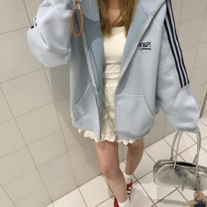 Vintage-Inspired Hooded Cardigan Sweatshirt for Couples - Unisex Loose Fit Zipper Jacket in Nostalgic Sports Style for Back to School