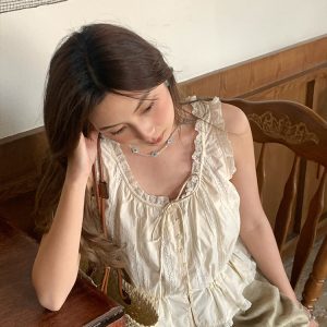 Vintage-Inspired Late Spring Lover French Lace Trim Cami Top for Women, Summer Pure Cotton Waist-Defined Blouse, Y2K Style