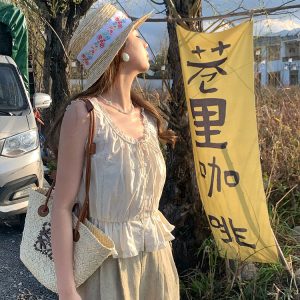 Vintage-Inspired Late Spring Lover French Lace Trim Cami Top for Women, Summer Pure Cotton Waist-Defined Blouse, Y2K Style