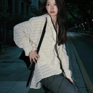 Vintage-Inspired Long Sleeve Drawstring Cardigan for Women - Textured Casual Top for Spring Fashion