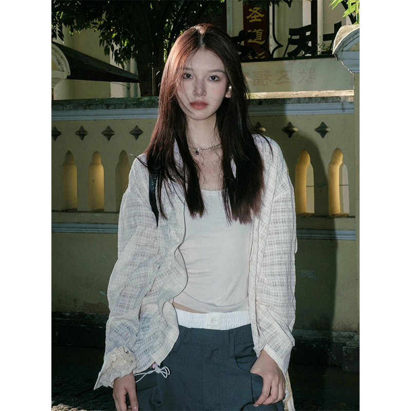 Vintage-Inspired Long Sleeve Drawstring Cardigan for Women - Textured Casual Top for Spring Fashion