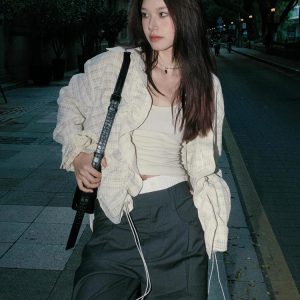 Vintage-Inspired Long Sleeve Drawstring Cardigan for Women - Textured Casual Top for Spring Fashion