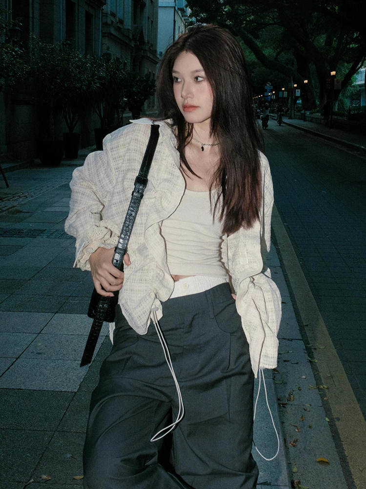 Vintage-Inspired Long Sleeve Drawstring Cardigan for Women - Textured Casual Top for Spring Fashion Vintage-Inspired Long Sleeve Drawstring Cardigan for Women - Textured Casual Top for Spring Fashion