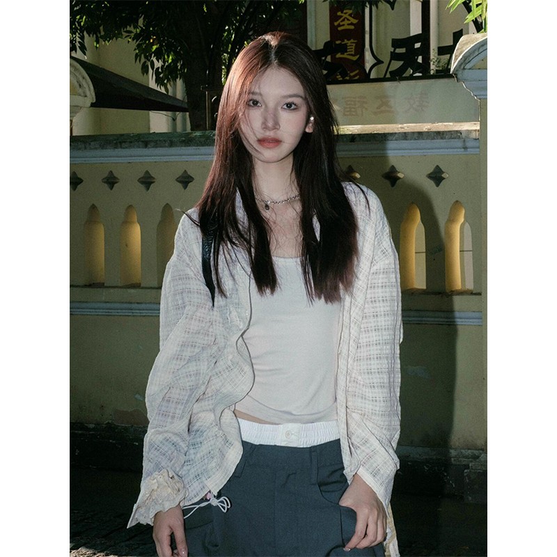 Vintage-Inspired Long Sleeve Drawstring Cardigan for Women - Textured Casual Top for Spring Fashion Vintage-Inspired Long Sleeve Drawstring Cardigan for Women - Textured Casual Top for Spring Fashion