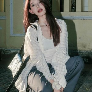 Vintage-Inspired Long Sleeve Drawstring Cardigan for Women - Textured Casual Top for Spring Fashion