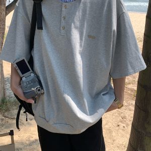 Vintage-Inspired Loose Fit Two-Piece Polo Shirt - Short Sleeve Unisex Summer Top for 2025, Perfect for Casual 90s Style