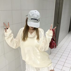 Vintage-Inspired Loose Fit V-Neck Sweater with Digital Print, Long Sleeve Knitted Top, Ballet Style Hollow Design