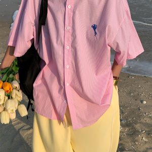 Vintage-Inspired Small Embroidery Vertical Striped Short Sleeve Shirt for Couples - Casual Summer Loose Fit Top