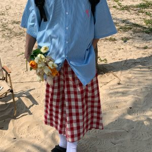 Vintage-Inspired Small Embroidery Vertical Striped Short Sleeve Shirt for Couples - Casual Summer Loose Fit Top