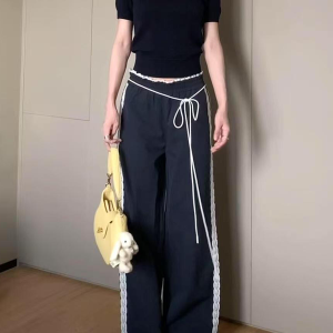 Vintage-Inspired Women's Lace Trim Wide-Leg Casual Pants - Draped Loose Straight Long Trousers for a Chic Retro Look