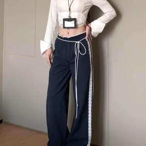 Vintage-Inspired Women's Lace Trim Wide-Leg Casual Pants - Draped Loose Straight Long Trousers for a Chic Retro Look