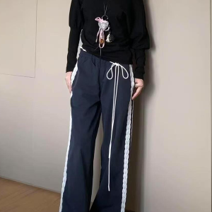Vintage-Inspired Women's Lace Trim Wide-Leg Casual Pants - Draped Loose Straight Long Trousers for a Chic Retro Look