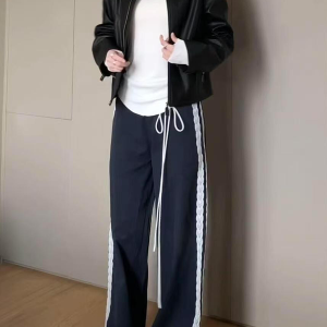 Vintage-Inspired Women's Lace Trim Wide-Leg Casual Pants - Draped Loose Straight Long Trousers for a Chic Retro Look